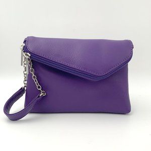 Leather Envelope Clutch Bag Wristlet - Purple